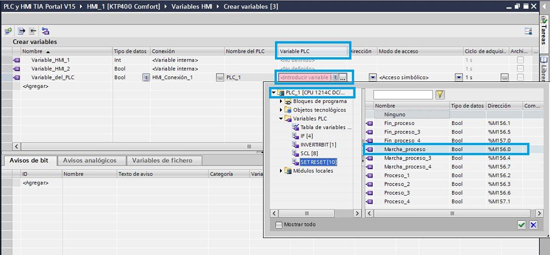 Seleccionar variables HMI TIA Portal que ya hemos creado en el PLC