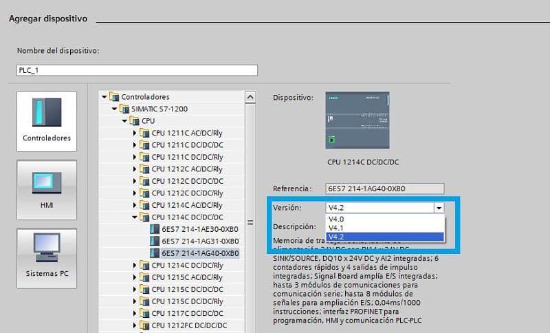 Seleccionar versión de Firmware en el proyecto TIA Portal PLC HMI