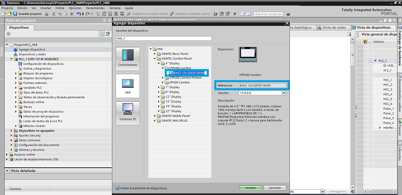 TIA Portal PLC HMI seleccionar la referencia de la pantalla a utilizar