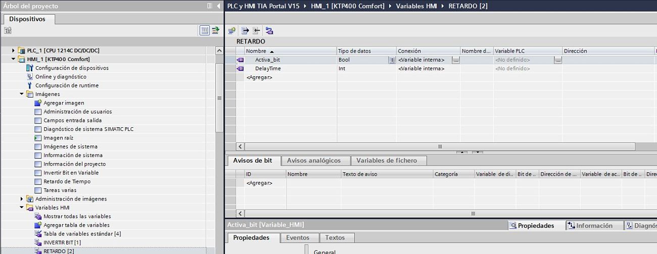 Variables de la HMI para script retardo TIA Portal