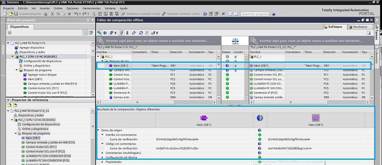 Ver diferencias en la suma de verificación en TIA Portal