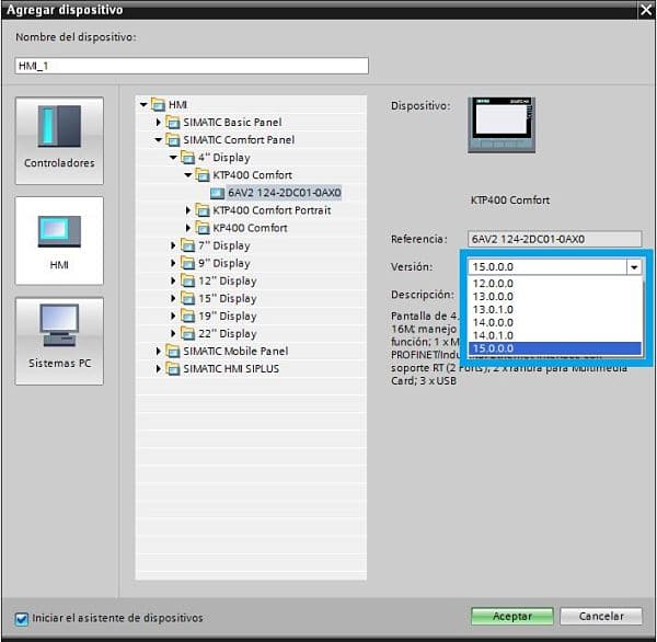 Versión de Firmware de la pantalla en el proyecto TIA Portal PLC HMI