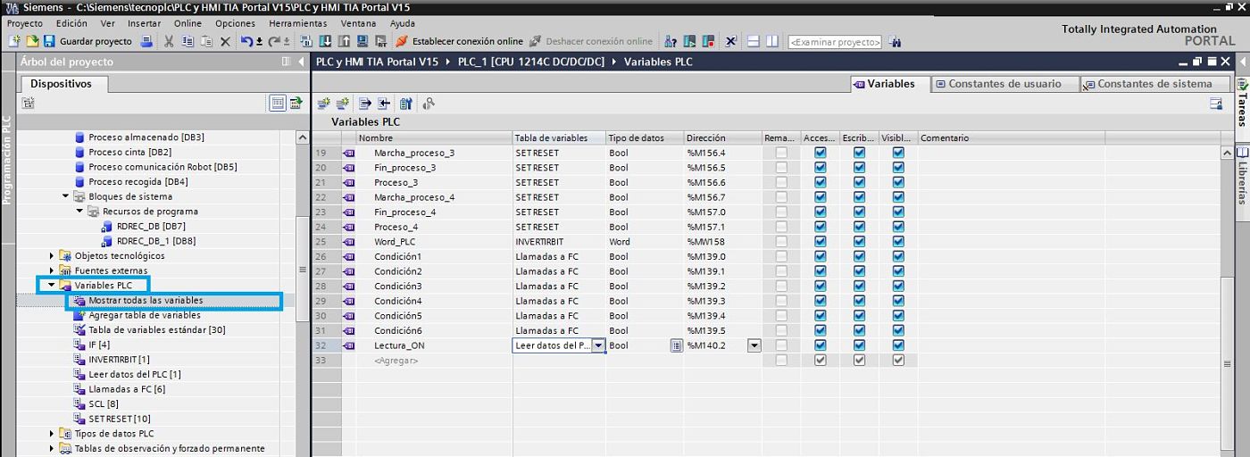 Abrir tabla de variables en TIA Portal en búsqueda del ID del PLC