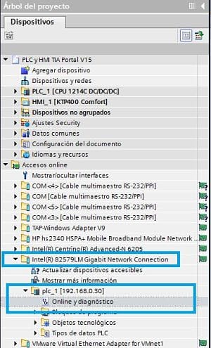 Acceder al Online y diagnóstico del PLC conectado desde TIA