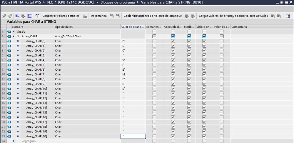 Añadir caracteres a cada posición del Array para convertir CHAR a STRING TIA Portal