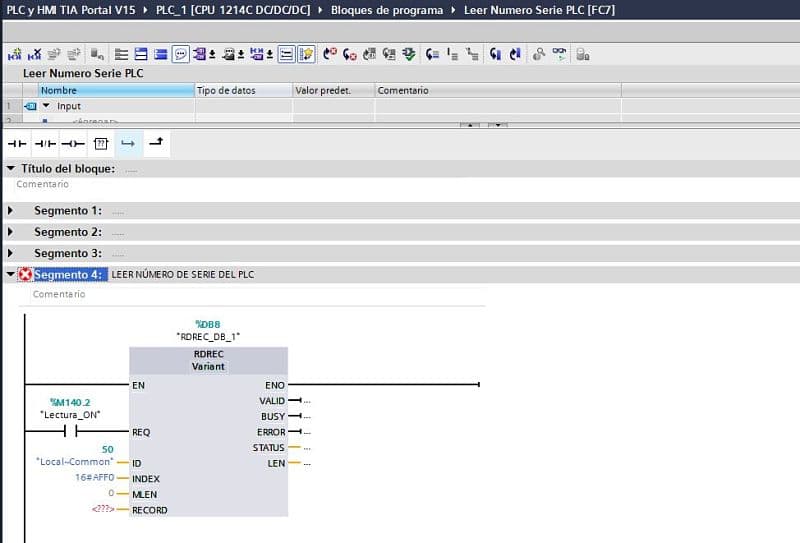 Código INDEX para poder leer número serie PLC TIA Portal