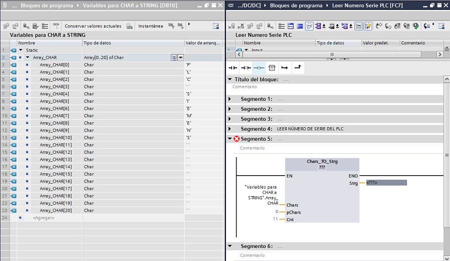 Colocamos la cantidad de caracteres que queremos convertir de Char a String TIA Portal