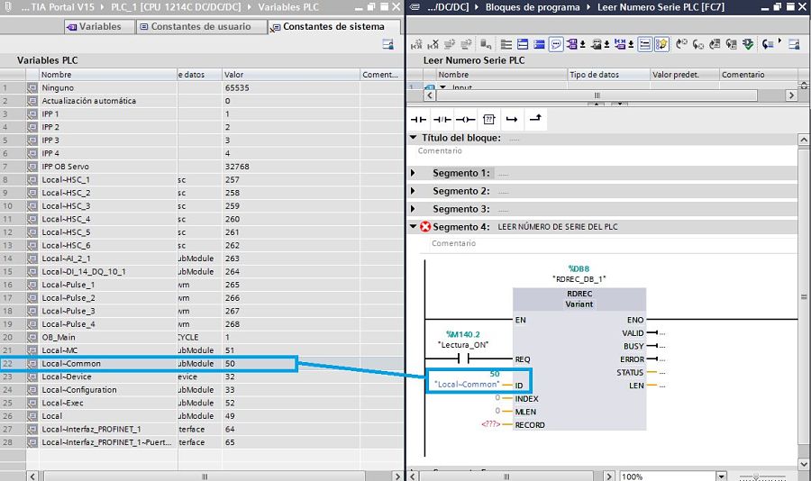 Colocar el ID del PLC en la función para leer número serie PLC TIA Portal