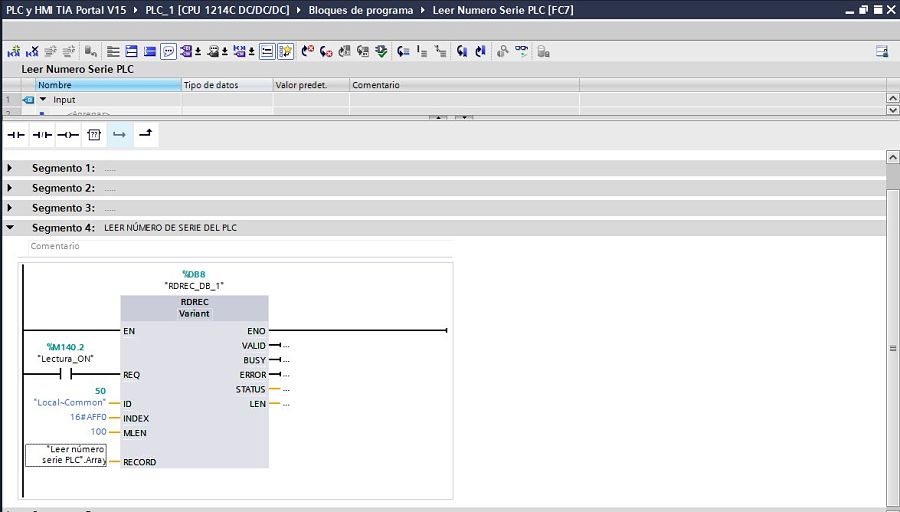 Colocar un Array de tipoo CHAR para leer número serie PLC TIA Portal