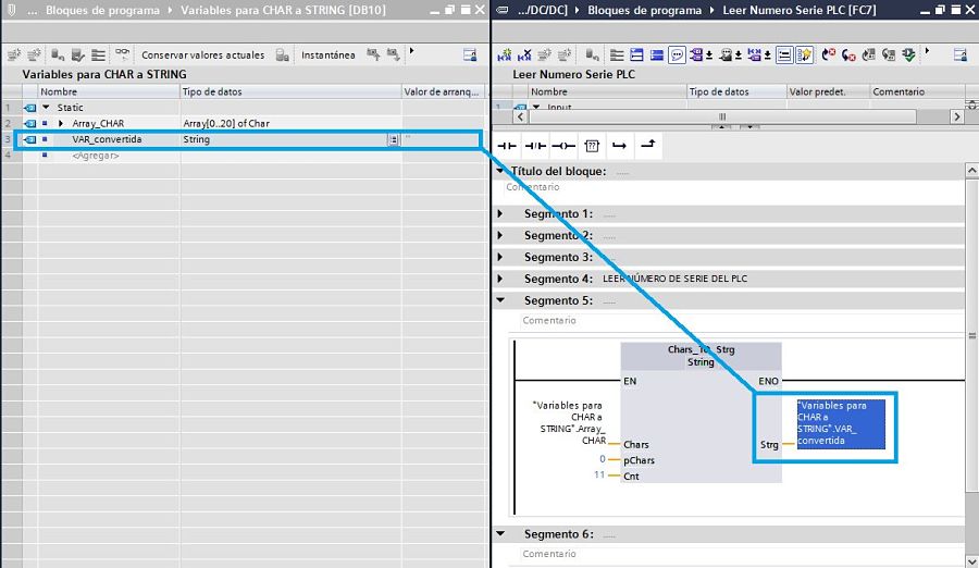 Completar la función para poder convertir CHAR a STRING TIA Portal