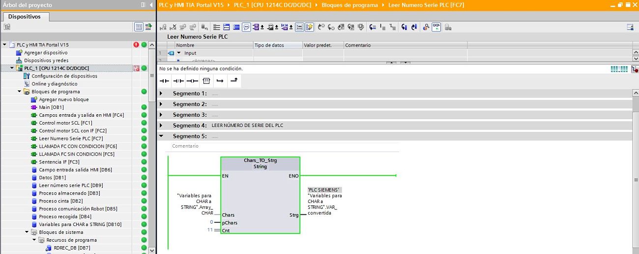 Convertir char a string TIA Portal mediante la función Chars_TO_Strg