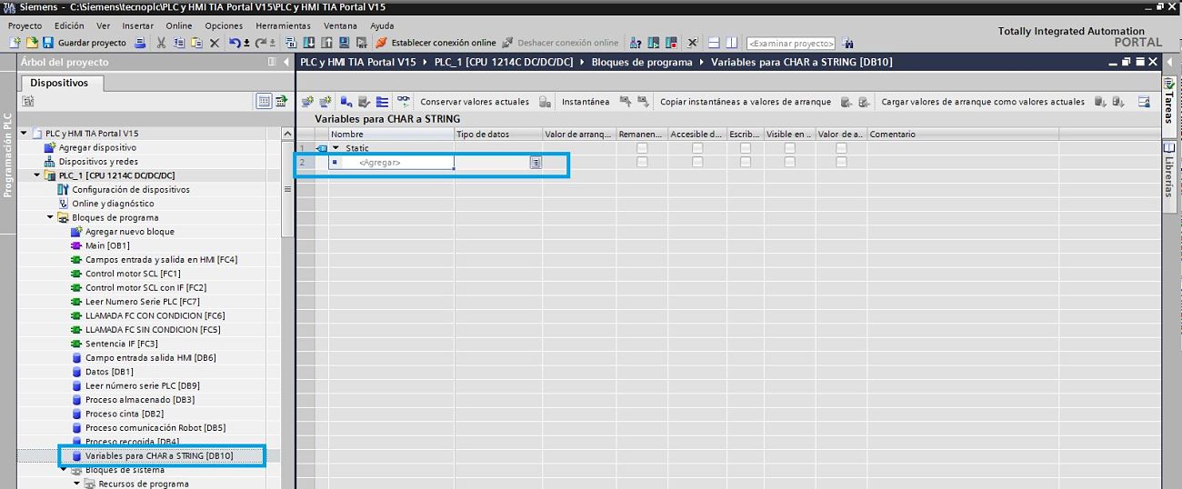 Crear DB de datos para las variables tipo Array of CHAR