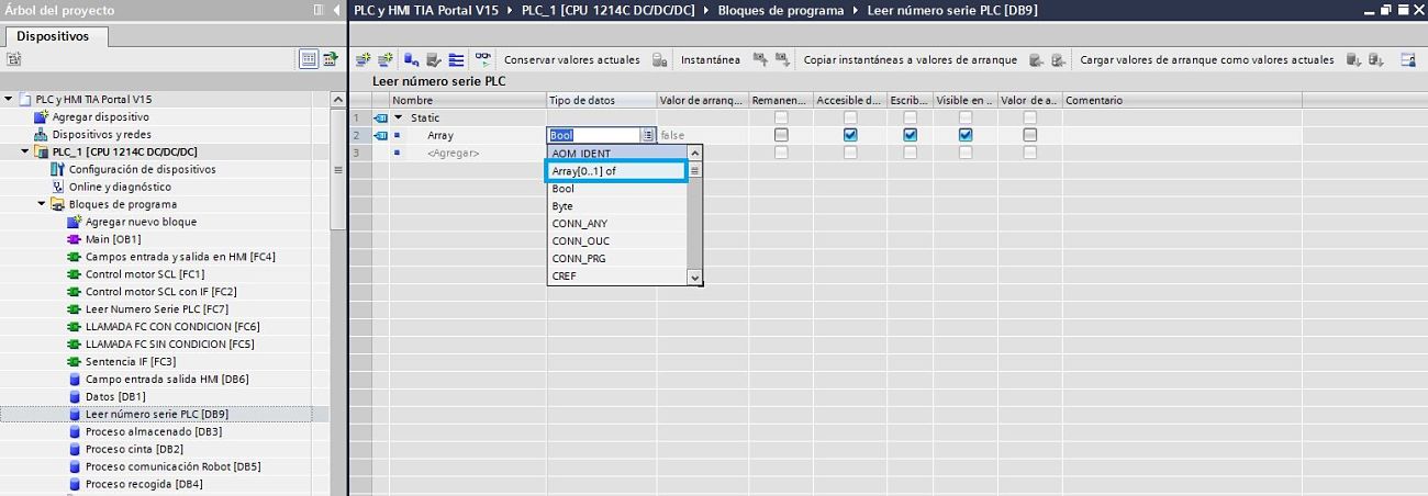 Crear una variable de tipo Array para guardar los datos leídos del PLC