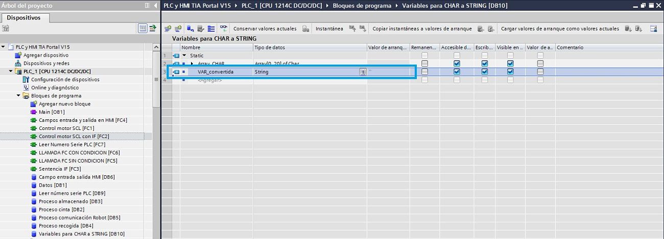 Crear variable de tipo STRING para convertir CHAR a STRING TIA Portal