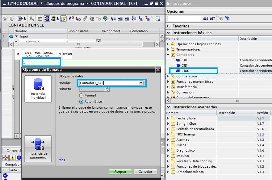 Dar nombre al DB de instancia del contador TIA Portal SCL