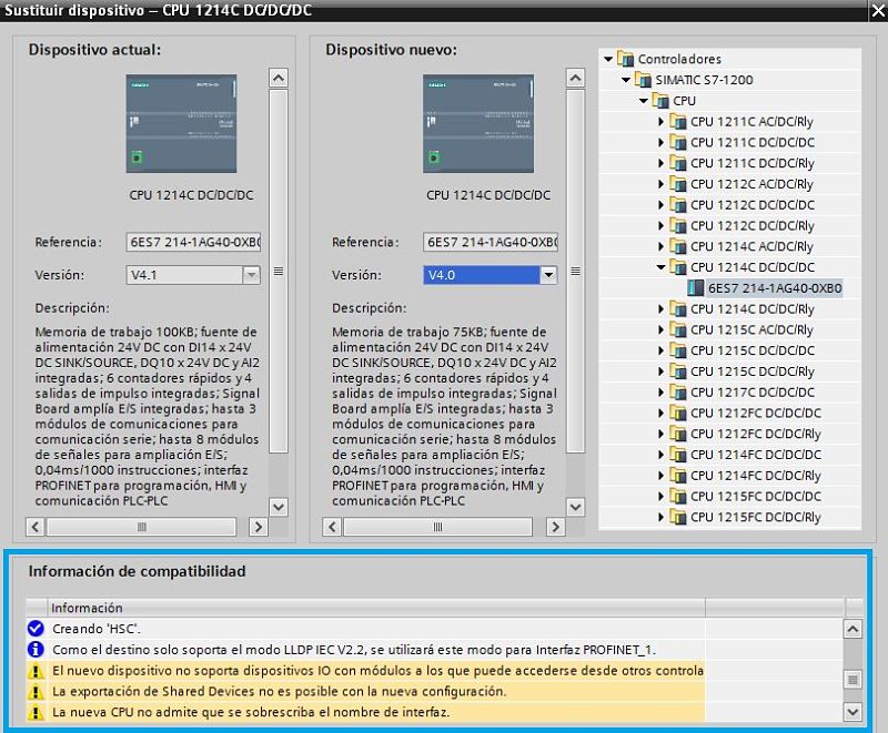 Información de compatibilidad al cambiar la versión de Firmware TIA Portal