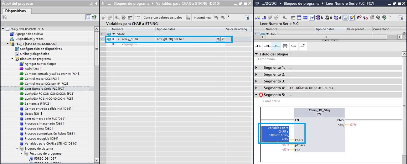 Insertar el Array de datos en la función para convertir de Char a String TIA Portal