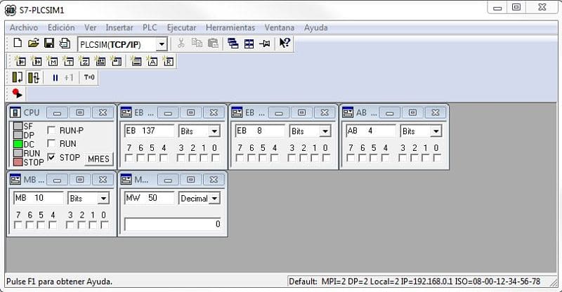 PLCSIM Step7 iniciado con las variables y entradas para forzar valores