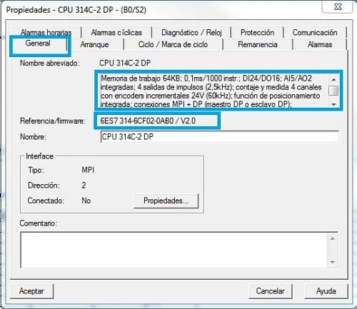 Referencia y Firmware utilizados para la CPU de nuestro proyecto Step 7