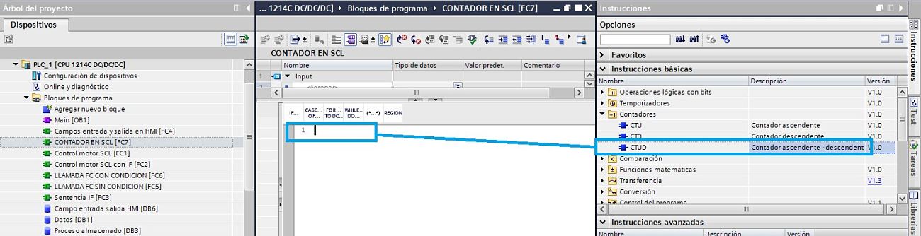 Seleccionar contador TIA Portal SCL y arrastrarlo a la función FC