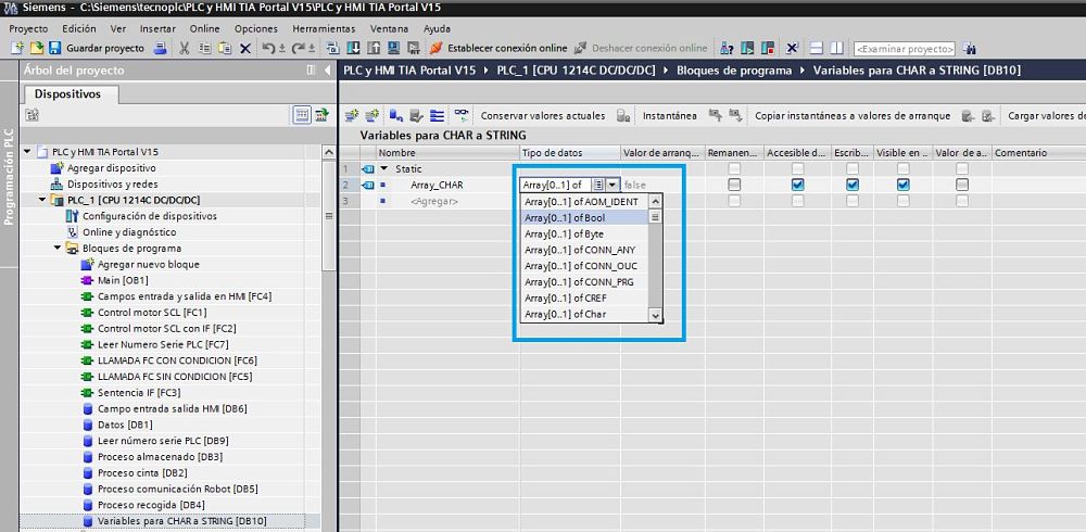 Seleccionar el tipo de datos Array CHAR en TIA Portal