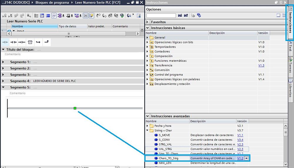 Seleccionar la función Char to Strg para convertir char a string TIA Portal