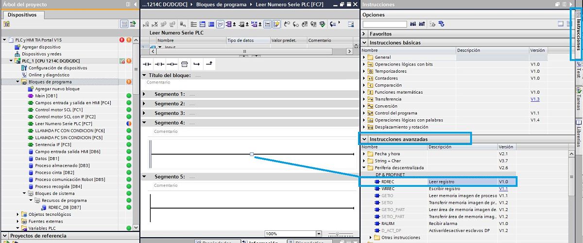 Seleccionar la función RDREC de las instrucciones avanzadas para leer número serie PLC TIA Portal