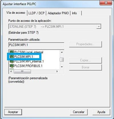 Seleccionar la opción de PLCSIM en MPI para el simulador Step7