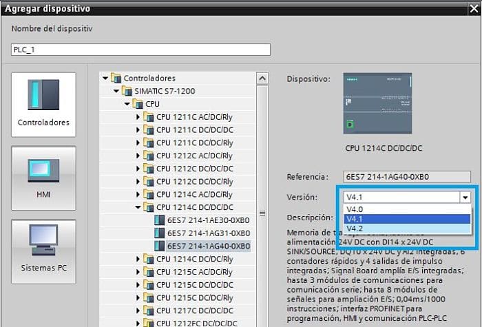 Seleccionar la versión Firmware TIA Portal al crear un proyecto nuevo