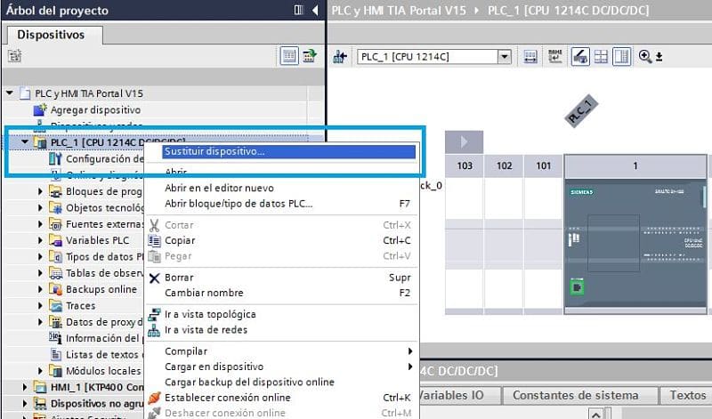 Seleccionar sustituir dispositivo en el árbol del proyecto TIA Portal