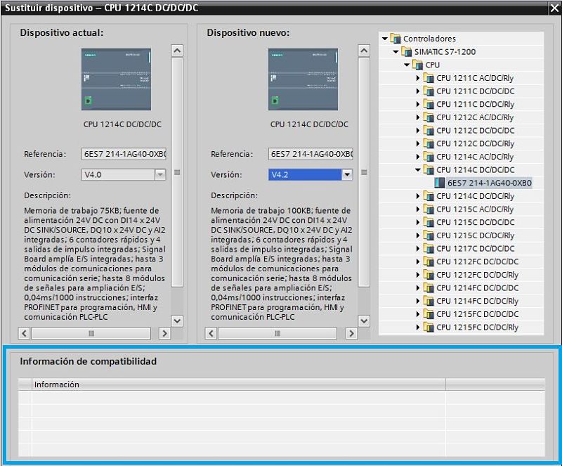 Seleccionar una versión superior para el PLC y comprobar compatibilidades