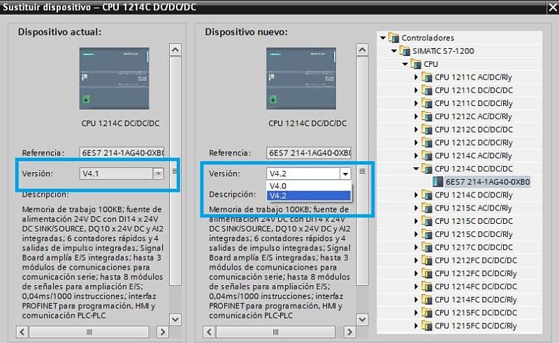 Versiones de Firmware TIA Portal disponibles para seleccionar