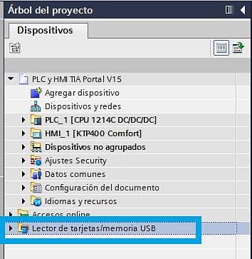 Árbol del proyecto donde encontrar el lector de tarjetas en TIA Portal
