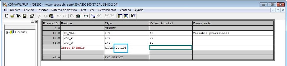 Array de estructura Step7 con una dimensión de 10 datos