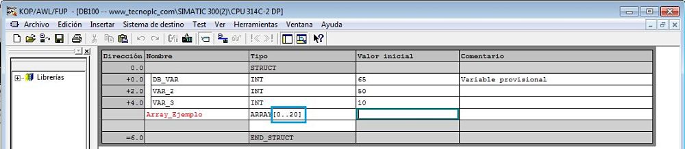 Array de estructura Step7 con una dimensión de 20 datos