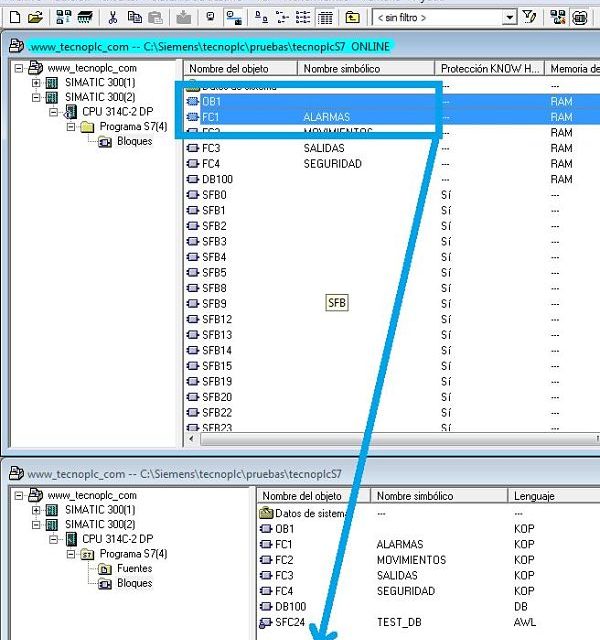 Copiar bloques Online en Step7 a proyecto Offline y transferir