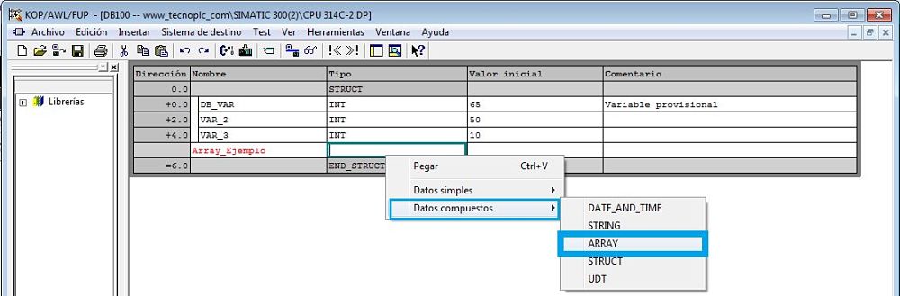 Crear un Array dentro de un DB para crear un array de estructura Step7