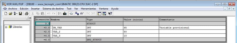 DB de datos en Step7 con varias variables de distinto Tipo de datos