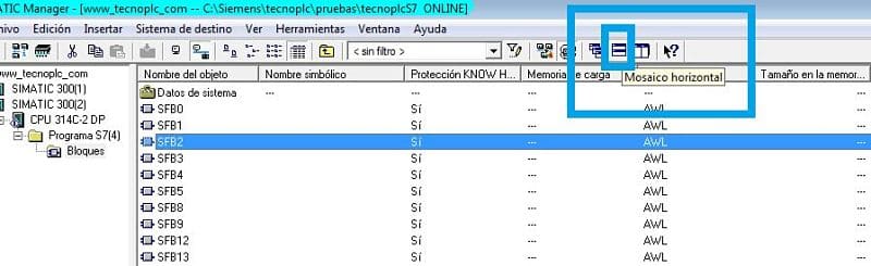 Icono de mosaico horizontal en Step7 para visualizar dos ventanas a la vez