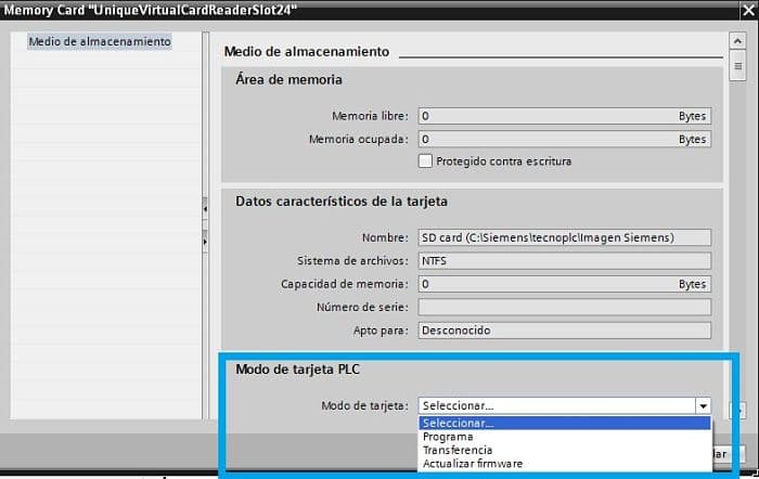 Modos de transferencia a seleccionar para la tarjeta MMC en TIA Portal