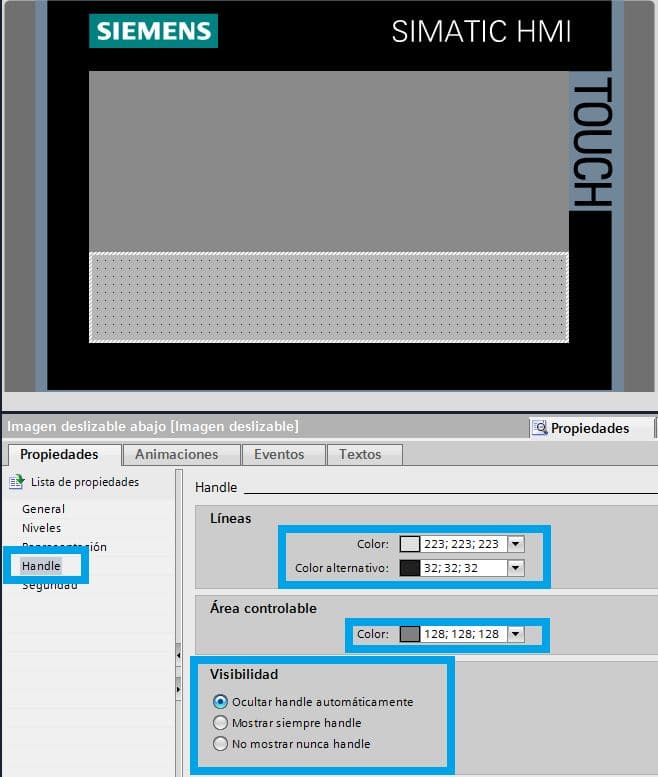 Propiedades de visibilidad para la imagen deslizable TIA Portal en la HMI.