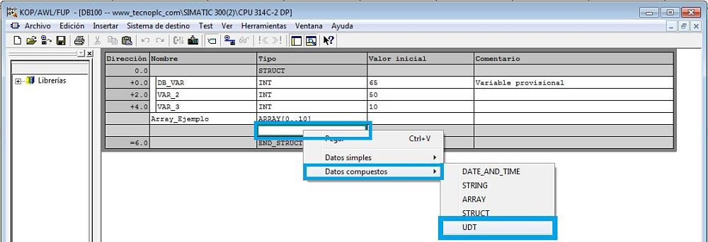 Seleccionar el Array de estructura Step7 en el tipo de datos