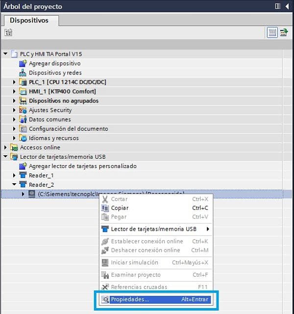 Seleccionar las propiedades del lector de tarjetas virtual en TIA Portal