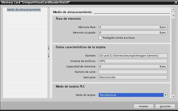 Seleccionar modo de transferencia para el lector virtual al grabar programa TIA Portal en carpeta