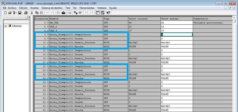 Array de estructura Step7 cómo se hace y cómo seleccionarlo