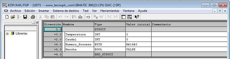 UDT creado en Step7 con variables de tipo INT y BYTE y BOOL