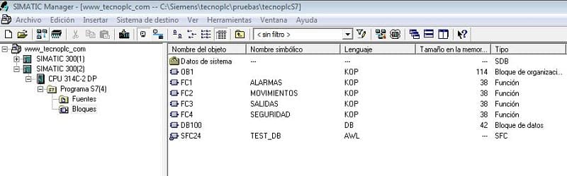 Vista del proyecto Step7 con todos los bloques creados