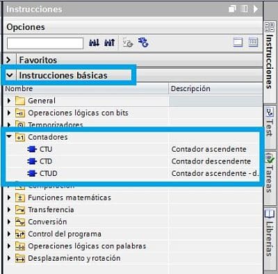 Buscar las instrucciones básicas para encontrar los contadores en TIA Portal