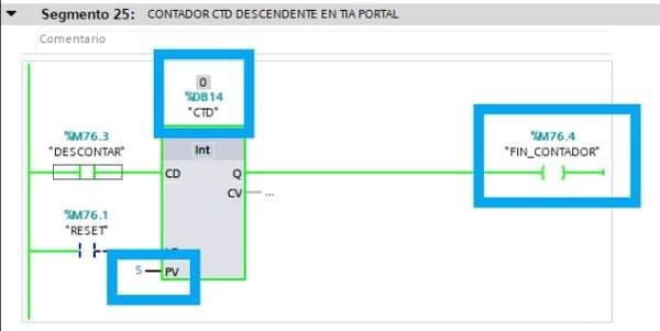 Contador descendente CTD en TIA Portal ha llegado a cero.