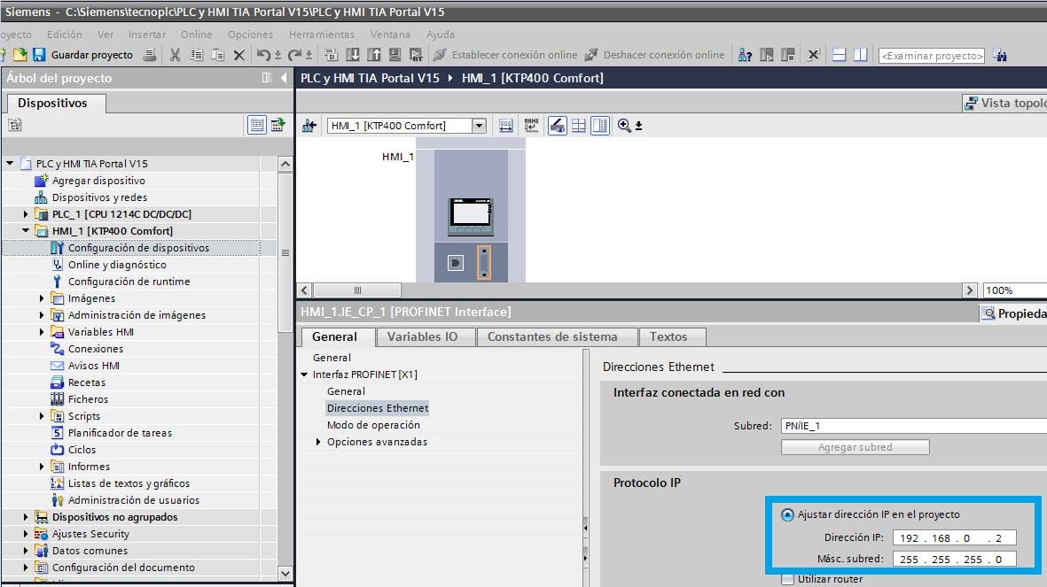 Ajustar dirección IP en proyecto para el LOAD Project TIA Portal.